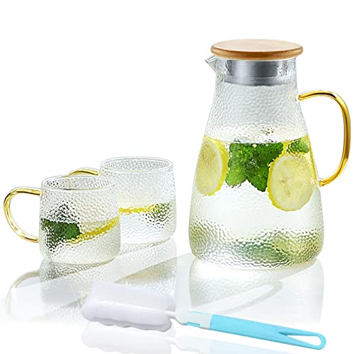 Glass Pitcher With Lid With 2 Cups, Durable 0.52 Gal Glass Pitcher With Handle With 2 Glass Cups, Water Carafe With Cups Glass Teapot Set Gift For Hot/Cold Beverage, Juice Or Tea #TOP7