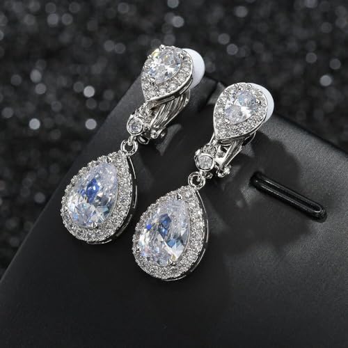 SELOVO Cubic Zirconia Wedding Bridal Clip on Teardrop Drop Earrings for Women Silver Tone2