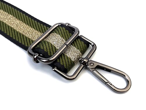 Image of Black Green Gold Thread Stripe Purse Strap with Gunmetal Black Hardware 1-1 /2 Inch Wide Replacement Crossbody Guitar Style Shoulder Strap for Handbags Totes