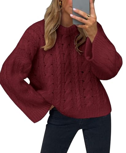 Women's Cable Knit Sweater Pullovers Crewneck Long Sleeve Oversized Y2k Vintage Fall Winter Cozy Chunky Sweaters