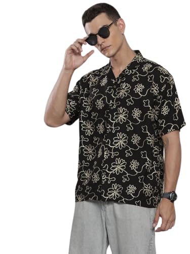 Image of The Indian Garage Co Men Relaxed Fit Textured Half Sleeves Cuban Collar Resort Wear Shirt