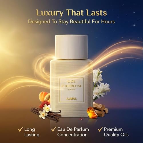 Image of Ajmal Oud Marquis Ode Tubereuse Eau de Parfum for Women, 3.4 fl oz | Sensual tuberose women's EDP by Ajmal. White floral intensity, long-lasting. Crafted in Dubai, made in France.