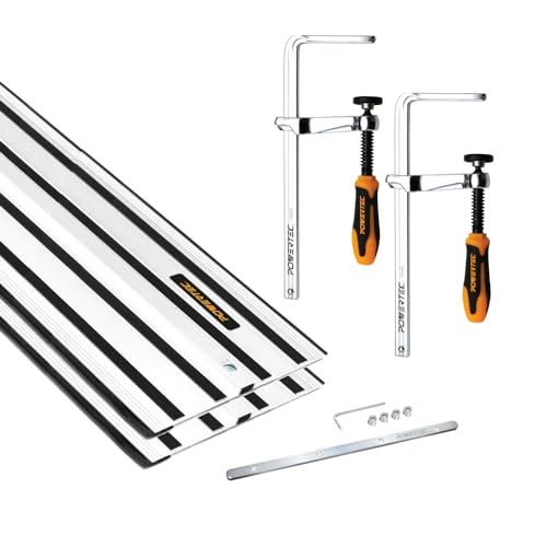 Image of POWERTEC 110 inch Track Saw Guide Kit for DeWalt, Includes 2PK 55 inch Guide Rails, 1PK Guide Rail Connector, and 2PK 7 inch Track Saw Clamps (72059)