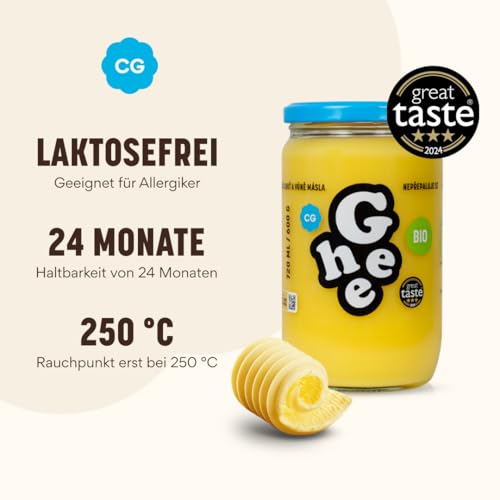 CG Ghee Pure 600 g Laktosefrei Reich an Vitaminen und Omega Fettsäuren Ausgezeichnet mit dem Great Taste Zertifikat Ideal zum Braten, Backen & als Brotaufstrich Ayurveda Ghee Butter 100% EU