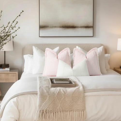 Image of ZWJD Throw Pillow Covers 20x20 Set of 2 Striped Pillow Covers with Fringe Chic Cotton Decorative Pillows Square Cushion Covers for Sofa Couch Bed Living Room Farmhouse Decor (Pink)