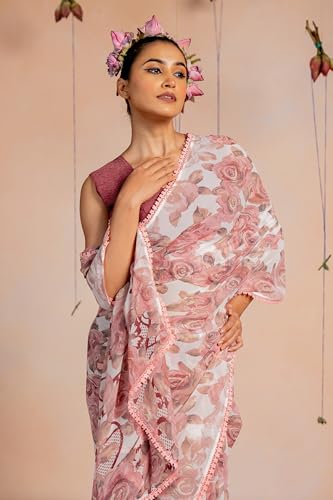 Image of MIRCHI FASHION Saree for Woman Georgette Floral and Leaf Printed | Elegant Farewell and Ceremonial Women's Sari with Blouse Piece
