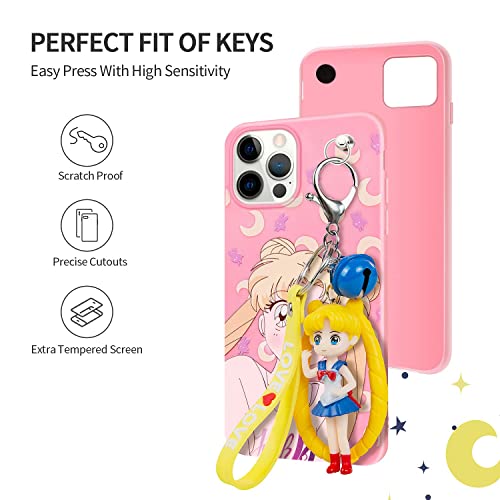 Iphone 12 Pro Max Case With Hd Screen Protector, Kawaii Sailor Moon 3D Character Silicone Cover Case For Apple Iphone 12 Pro Max 6.7" With Lanyard, Doll, 1 Bell, 1 Phone Storage Bag #TOP3