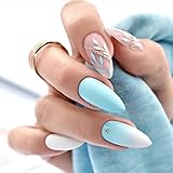 Press on Nails Almond Medium Short Fake Nails with Sky Blue Leaves Designs French Tip Acrylic Nails, 12 Sizes 24 Pcs, Glossy Nude Stick Full Cover Fake False Nail with Nail Glue for Women XY-08-02