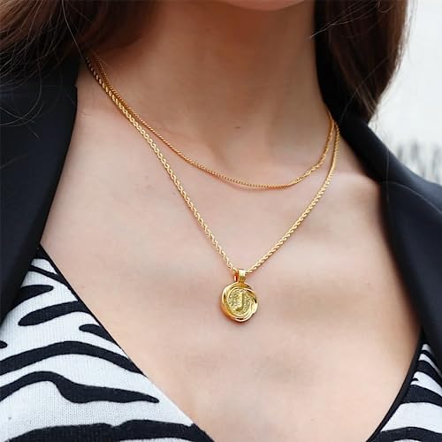 Revemcn Dainty Gold Layered Initial Necklaces For Women, 18K Gold Plated Personalized A-Z Letter Medallion Coin Pendant With Adjustable Rope Link Chain, Trendy Layering Choker Necklace For Women Men (J, Gold) #TOP7
