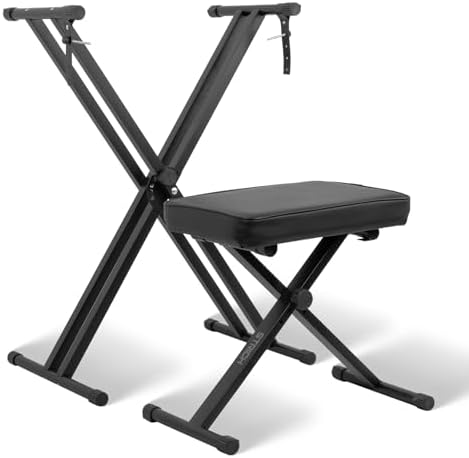 STRICH Piano Keyboard Stand Stool Set, Adjustable Double X-Style Portable Stand for 54-88 Key Electric Digital Keyboards Pianos & Piano Bench, Chair, Black, SKT-01