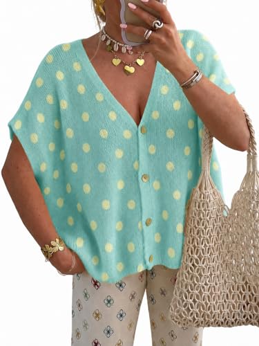 Image of Saodimallsu Womens Summer Oversized Cardigans Batwing Short Sleeve Lightweight Button V Neck Casual Knit Sweater Tops