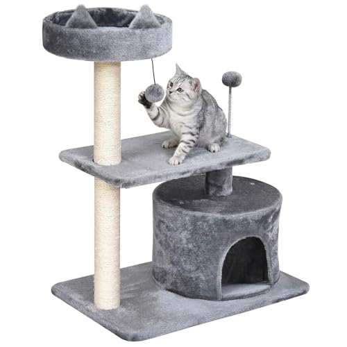 PawHut Cat Tree for Indoor Cats with Scratching Post Climbing Tower Kitty Activity Center Condo Perch Jumping Platforms Grey 61L x 41W x 81H cm