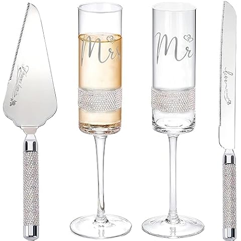 VARLKA Wedding Cake Knife and Server Set, 8oz Crystal Mr and Mrs Champagne Flutes, Wedding Glasses for Bride and Groom, Cake Cutting Set for Wedding, Engagement Gifts Cover