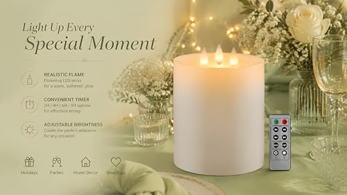 Image of 3-Wick Flameless Pillar Candle with Remote Timer, 3D Moving Flame Real Wax Led Candles (Ivory with 3 Wick, 6.5in)