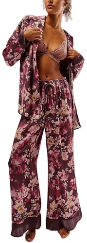 Image of Women Floral Satin Pajamas Long Sleeve Button Shirt Silk Wide Leg Pants Set