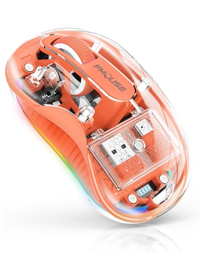 FMOUSE Stylish Transparent Wireless Mouse, Dual Bluetooth & 2.4GHz for Multi Device, USB-C Receiver Ideal for MacBook/Laptops, Rechargeable, Cool LED, Clear Magnetic Cover, Compact, Silent - Orange