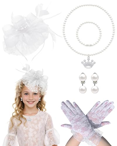 Bnsikun 5Pcs Girls Tea Party Fascinators Hats Tea Party Headband and Lace Glove Set for Girls 1920s Party