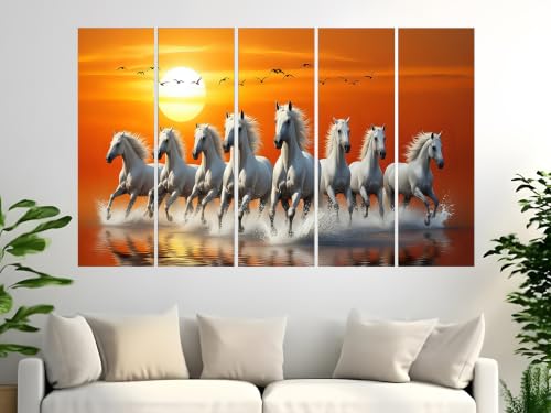 Image of Kyara arts 7 Running Horses Wall Painting for Living Room | Vastu Feng Shui Wall Art | Premium Multi Panel Horse Painting for Home, Office & Hall | Symbol of Success, Prosperity & Positive Energy (50inchx30inch)