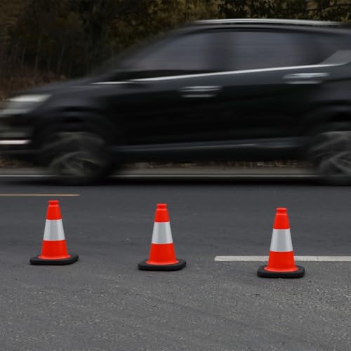OranLite 8 Pcs 28” in Fluorescent Orange PVC Traffic Cones Wide Slim Body Heavy Black Base Parking Lot Cone Structurally Stable Weatherproof Road Construction Safety Cones (12\" Small Cones-8Pack)