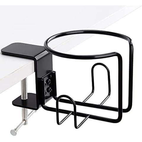LEKUSHA Large Desk Cup Holder, Clip On Table Cup Holder, Anti-Spill Cup Holder for Lawn Chair, Horizontal or Vertical Mount, Pack of 1, Black Cover