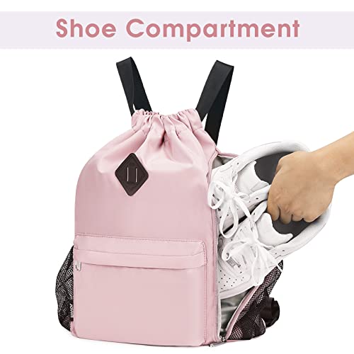 Wandf Drawstring Backpack Sports Gym Bag With Shoes Compartment, Water-Resistant String Backpack Cinch For Women Men (Large,Pink) #TOP2
