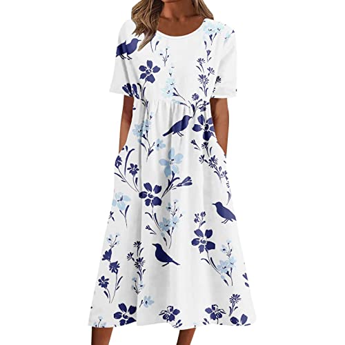 Generic Women's White XXL Maxi Dress - Short Sleeve, Round Neck, Loose Fit, Floral Print, Pocket, Boho-Chic Style - Casual, Evening Wear