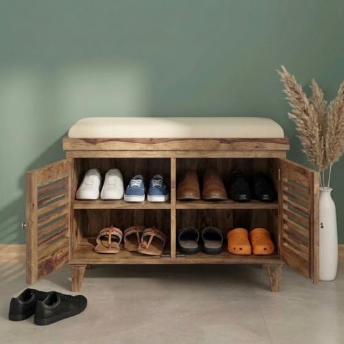 Image of Amazon Brand - Solimo Giljan Solid Sheesham Wood Shoe Storage Cabinet with Seating Bench, Natural Finish, 2 Doors