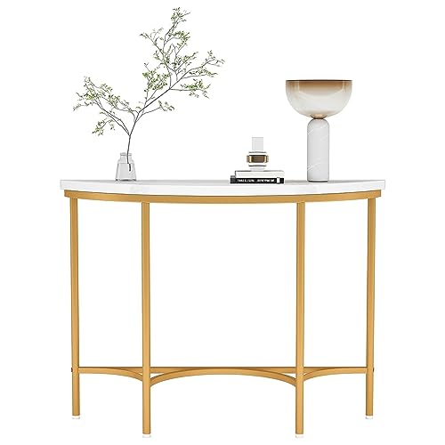 SEAVI Gold Console Table, Modern Half Moon Sofa Table, Entryway Hallway Foyer Table with Faux Marble Tabletop and Gold Metal Legs, Perfect for Entryway, Hallway, Foyer, or Living Room 120 * 30 * 75cm
