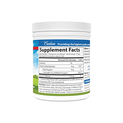 Image of Carlson - Ribose, 100% Pure D-Ribose, Non-GMO, Energy Production, Muscle Recovery & Athletic Performance, 17.6 oz (500 g)