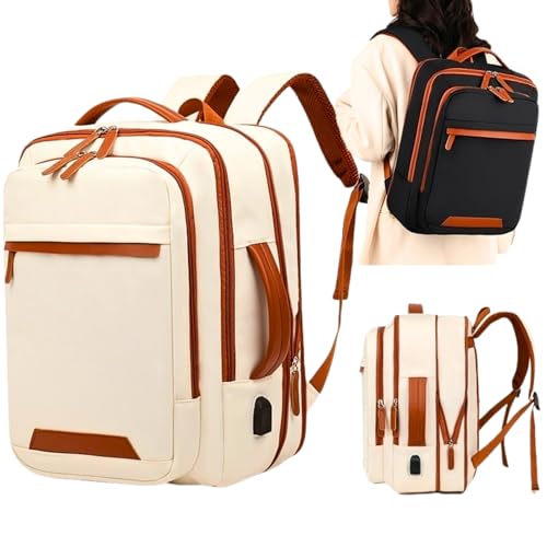 [ASSISTA O VÍDEO] Mochila Viagem Avião Expansível Impermeável Resistente Grande Capacidade Mala de Bordo Bagagem de Mão com Saída USB Multifuncional (MX-987) (BEGE) - CODATECH