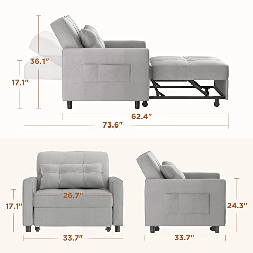 Noelse 34 Inch Sleeper Chair Bed, 3-In-1 Convertible Sofa Chair Pull Out Chair Bed With Adjustable Backrest, Single Armchair Sofa Bed For Living Room Apartment (Light Gray) #TOP1