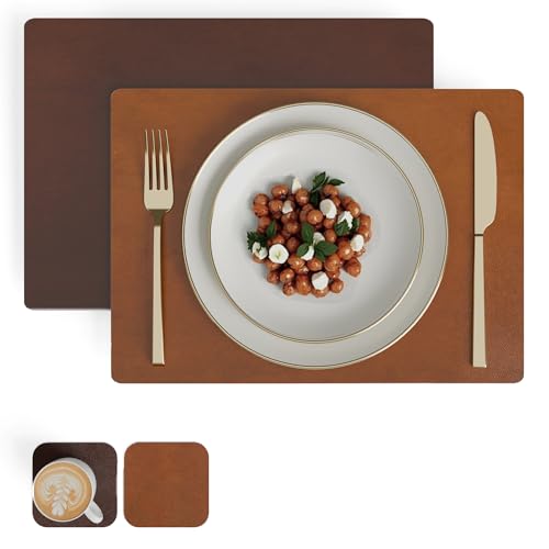Image of Encasa XO Leather Dining Table Mat Set of 2 + 2 Coasters, 42x30 & 9 cm | Water & Heat Resistant Double-Layer Dining Table Mats | Wipeable & Durable Brown & Tan Placemats for Dining Table