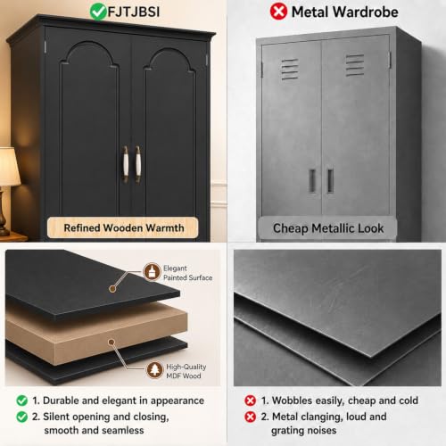 FJTJBSI 72" Wooden Armoire Wardrobe Closet with LED Bedroom Armoire with 3 Drawers and Retro Ceramic Handles Modern Wardrobe Cabinet with Removable Hanging Rod Black - Image 5