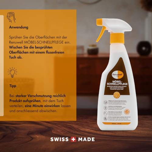 Renuwell Möbel Schnellpflege mit Bienenwachs, 500 ml – Reinigung und Pflege für Möbel und Holzoberflächen, entfernt Staub & Fingerabdrücke, frischt Farben auf, Schweizer Qualität