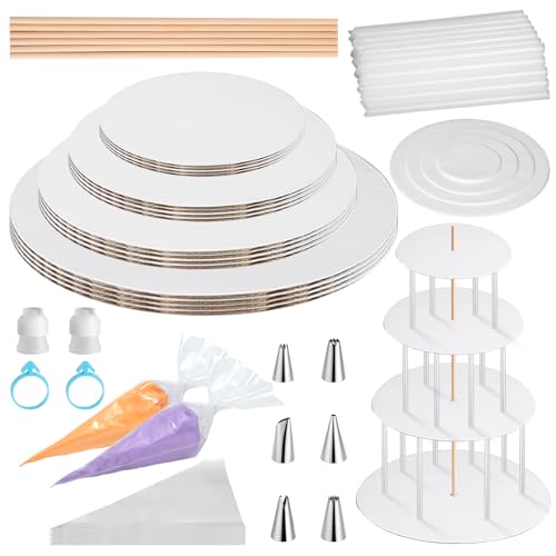 Cake Tier Stacking Kit for 4-Layer Cake, White Cake Boards 10’’-8’’-6’’-4’’ with Parchment Paper Rounds, Wooden Dowels, Straw Dowels for Baking, Wedding, Birthday