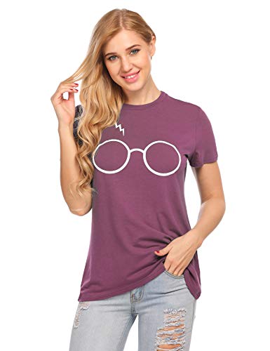 Women's Casual Glasses Scar Print Tee Graphic Short Sleeve T-Shirt Tops Purple