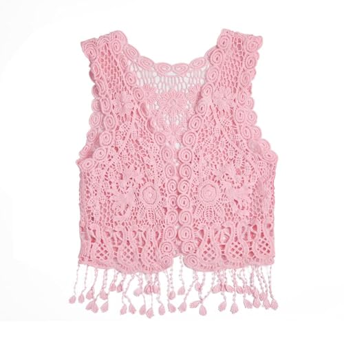 Image of Girls Crochet Vest Cardigan with Fringe V-Neck Sleeveless Boho Vest Hollow Out Cardigan