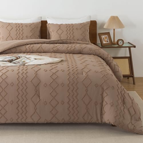 Image of Andency Taupe Tufted Comforter Set Full(79x90Inch), 3 Pieces(1 Boho Comforter, 2 Pillowcases) Textured Farmhouse Bed, Soft Down Alternative Geometric Bedding Set