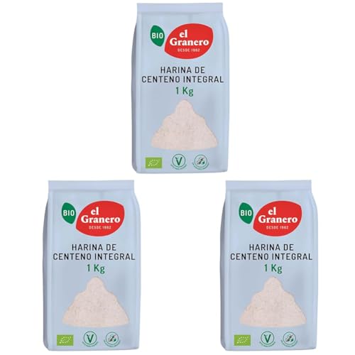 El Granero Integral - Harina Ecológica de Centeno Integral de 1 Kg - Sin Azúcar Añadido - Alto Contenido en Vitaminas B1 y B6 - Indicada para Elaborar Pan o Repostería (Paquete de 3)
