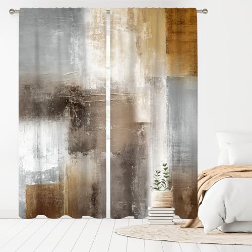 Grey Brown Long Curtains 52W x 84H Inch Abstract Vintage Rust Tan 2 Panels