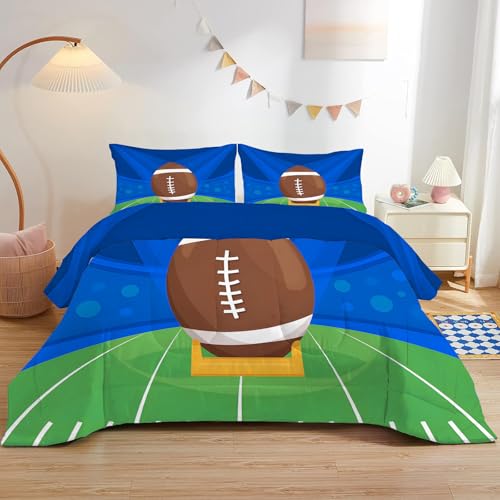 dyausi Rugby Bettdecke 200x200cm - Blau Grün Bettdecke 4 Jahreszeiten - Leichte Ganzjahresdecke mit 2 Kissenbezug - Waschbare Wende Steppdecke - Amerika Fußball Sport Thema B129