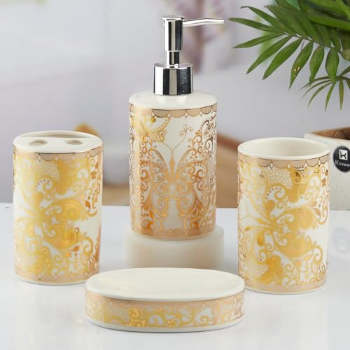 Image of SaSaSa Ceramic Bathroom Accessories Set of 4 Modern Bath Set with Soap Dispenser & Toothbrush Holder, Luxury Home & Gift Idea, Gold (10378)