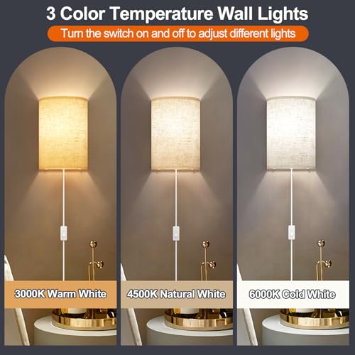 Plug in Wall Sconces Set of Two: Wall Lights with On/Off Switch - Stepless Color Temperature Wall Mount Lamps - Fabric L - Additional View