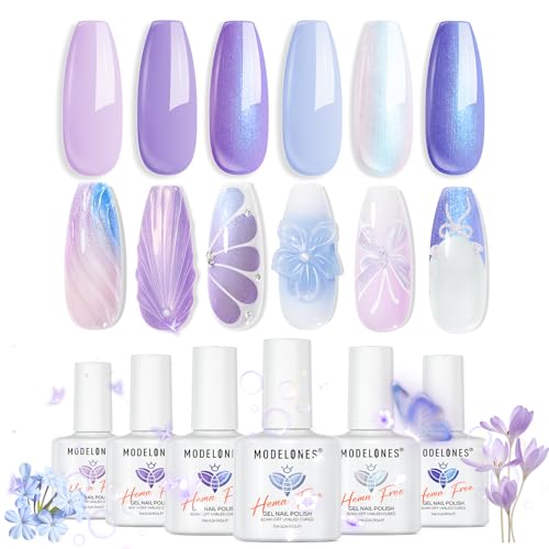 modelones Gel Nail Polish Set, 6 Colors Hema Free Blue Light Purple Glitter