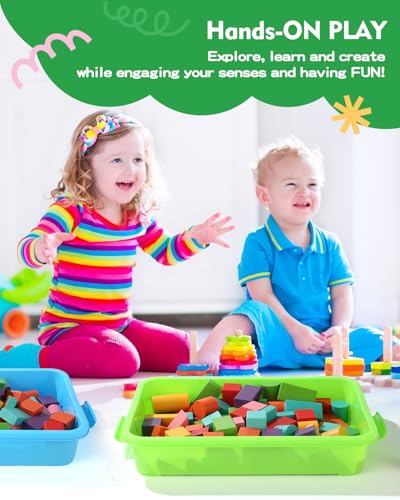 Image of Sensory Bin Sand Tray with Lid for Toddlers 2 Pcs 15in Portable Sandbox Toy Large Plastic Tray for Kids 3 4 5 6 Fill with Sand, Water, Beads, and More (Green+Blue)