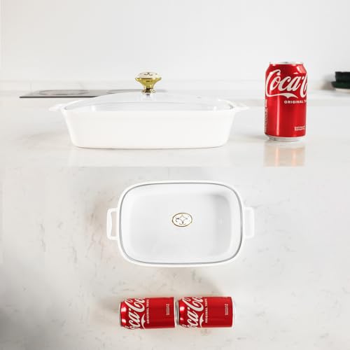 jinsongdafa 10\" x 7\" Ceramic Rectangular Casserole Dish with Glass Lid, 1.3 Quart White Serving Soup Tureen,Chafing Dish for Buffet, Family Food preserve Tray, Catering Casserole for Party Style