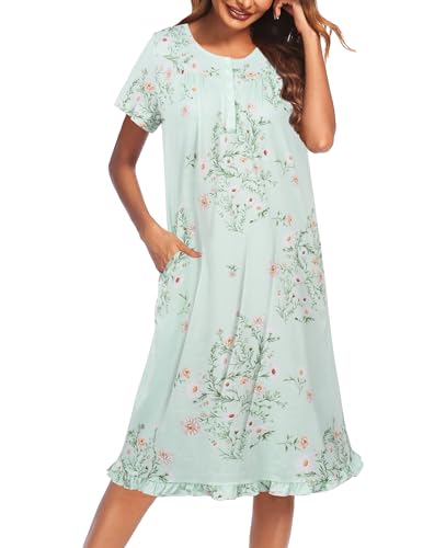 Image of Ekouaer Nightgowns for Women with Pockets Button Front Short Sleeve House Dresses Floral Print Mumu Dress