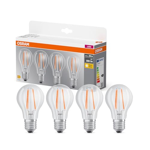 OSRAM LED BASE A60, paquete de 4 bombillas, reemplaza bombillas incandescentes tradicionales de 60W, 6.5W, blanco cálido (2700K), vidrio filamento, no regulable, forma de bulbo, E27