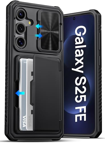 ATATOO for Samsung Galaxy S25 FE Case Wallet Built-in Card Holder (3-5 Cards) [RFID Blocking] & Slide Camera Cover Military Grade Protection Rugged Phone Case for Galaxy S25 FE 6.7 2025 Black