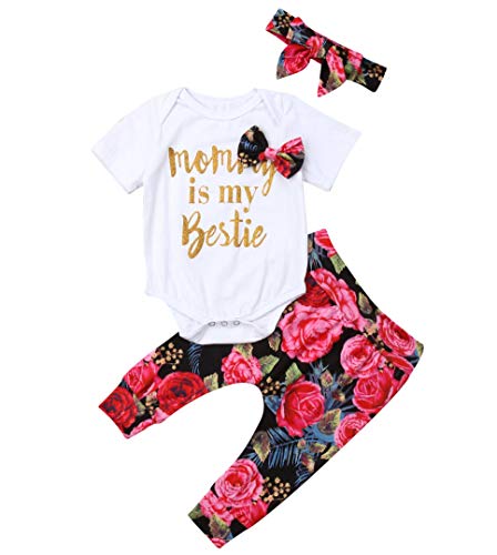 Mommy is My Bestie Outfit Newborn Baby Girl Fall Funny Romper Playsuit Top+ Rose Flower Harem Long Pants+Hairband (0-6months, White)